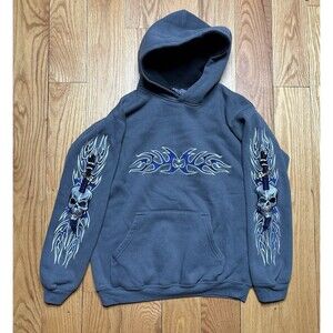 VINTAGE Silver Point Hoodie Boys M Gray Pullover Skull Print Skater Cotton Y2K